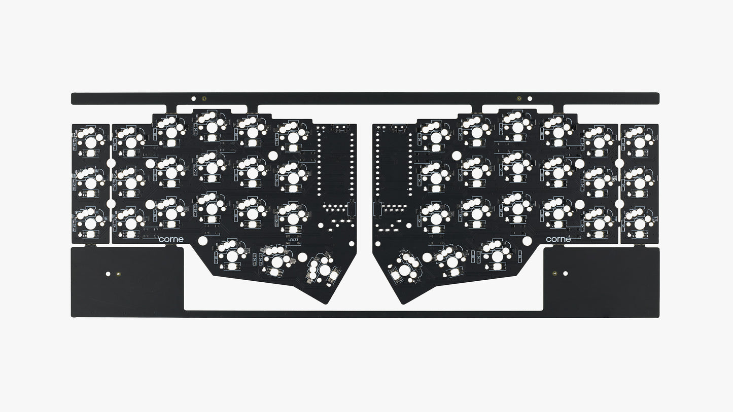 Corne v3.6 solderable PCB – back side showing silkscreen labels, component outlines, and pads