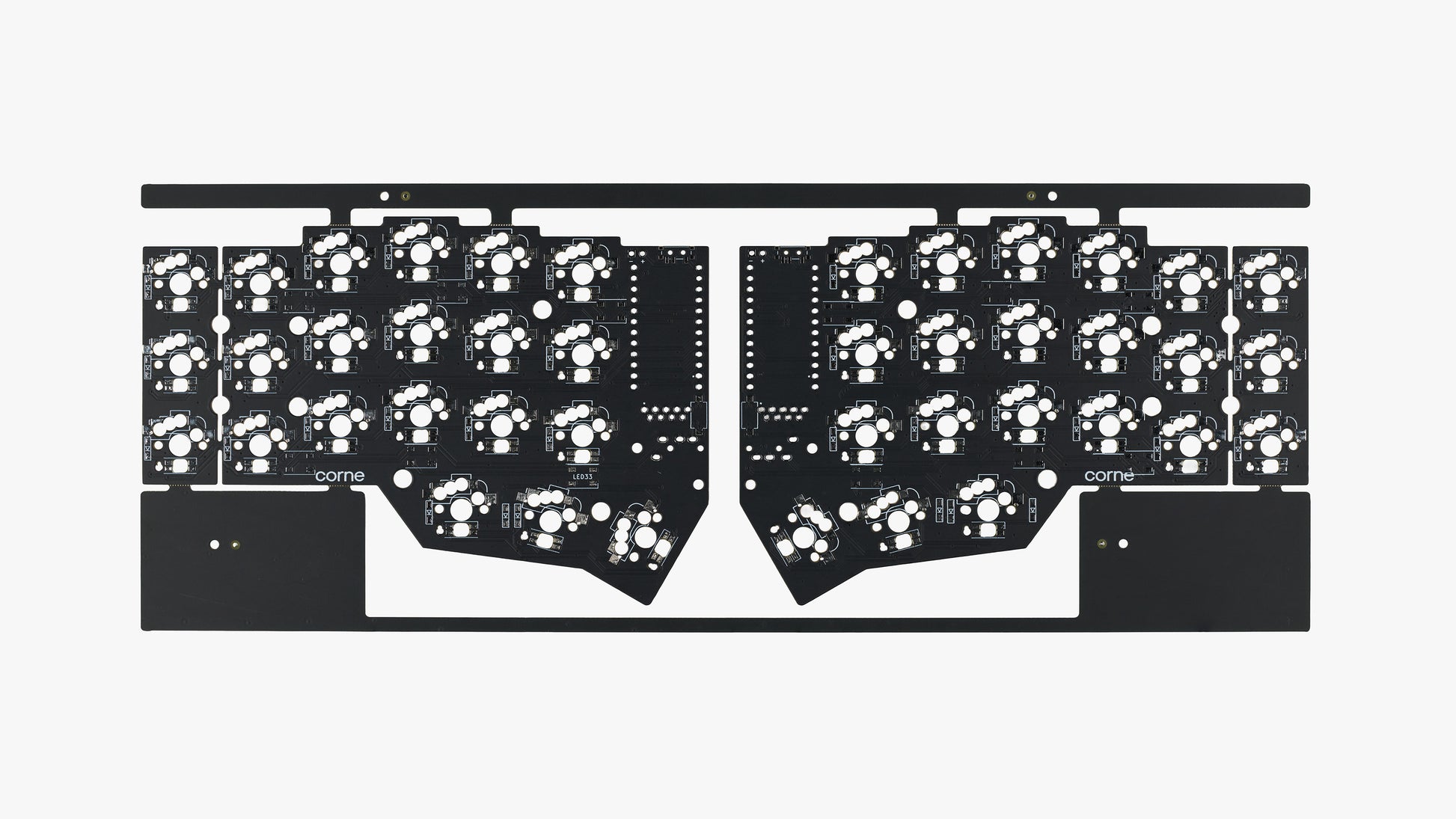 Corne v3.6 solderable PCB – back side showing silkscreen labels, component outlines, and pads