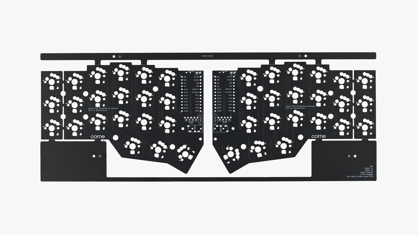 Corne v3.6 solderable PCB – top view of front side with switch and component footprints
