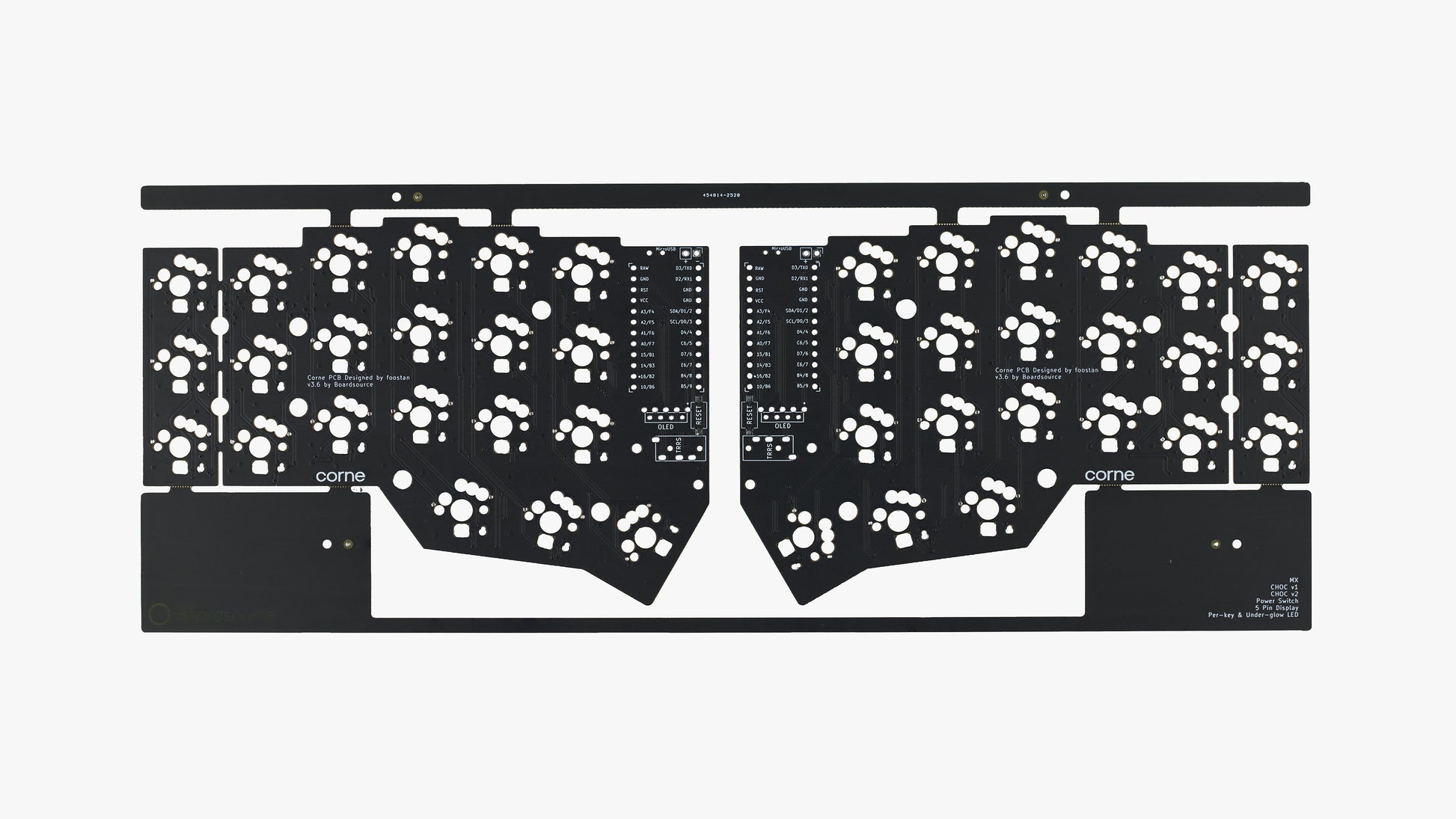Corne v3.6 solderable PCB – top view of front side with switch and component footprints