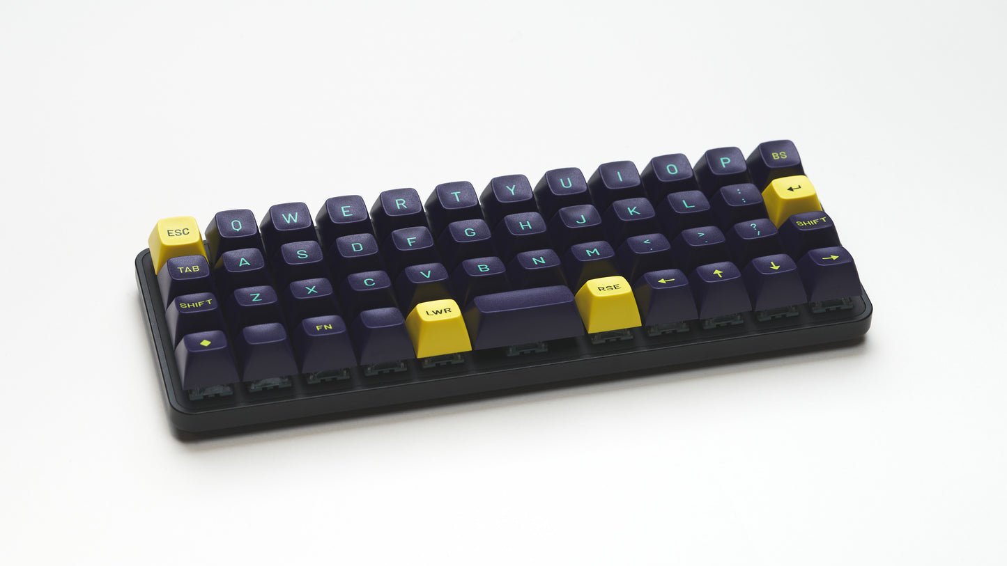 Equals 48 keyboard build with dark blue and yellow keycaps, white background