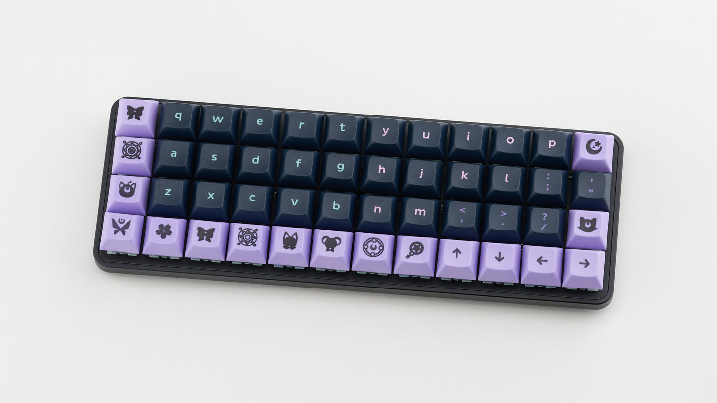 Equals 48 keyboard with black and purple butterfly-themed keycaps