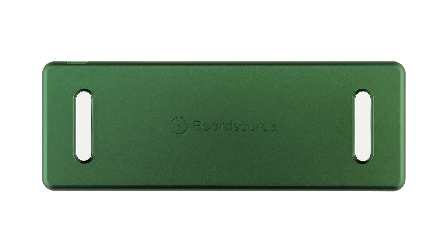 Back view of Equals 48 green CNC aluminum case with Boardsource logo