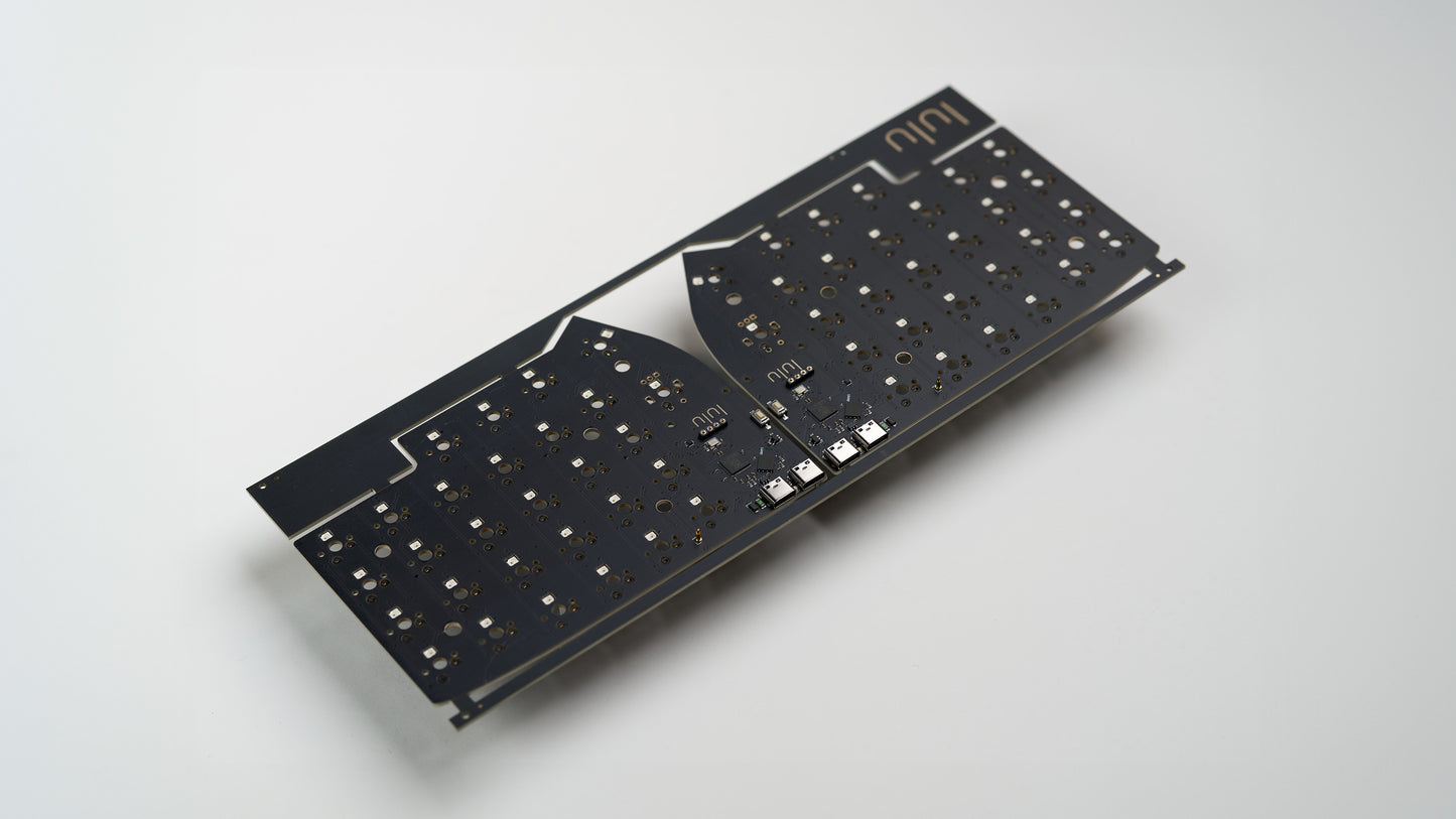 Lily58 SMT v2 PCB set shown as a single panel, factory-assembled with RGB and hotswap support, ready for case installation