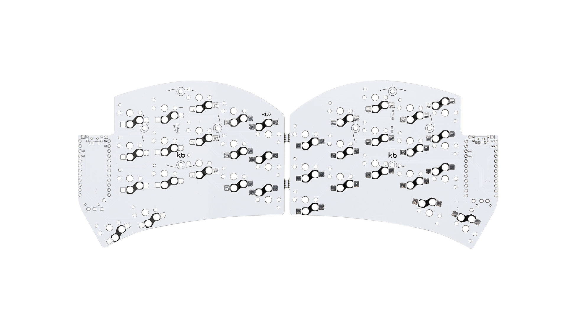 White Ferris Sweep LP PCB for split low profile keyboards with Choc spacing and BLE compatibility