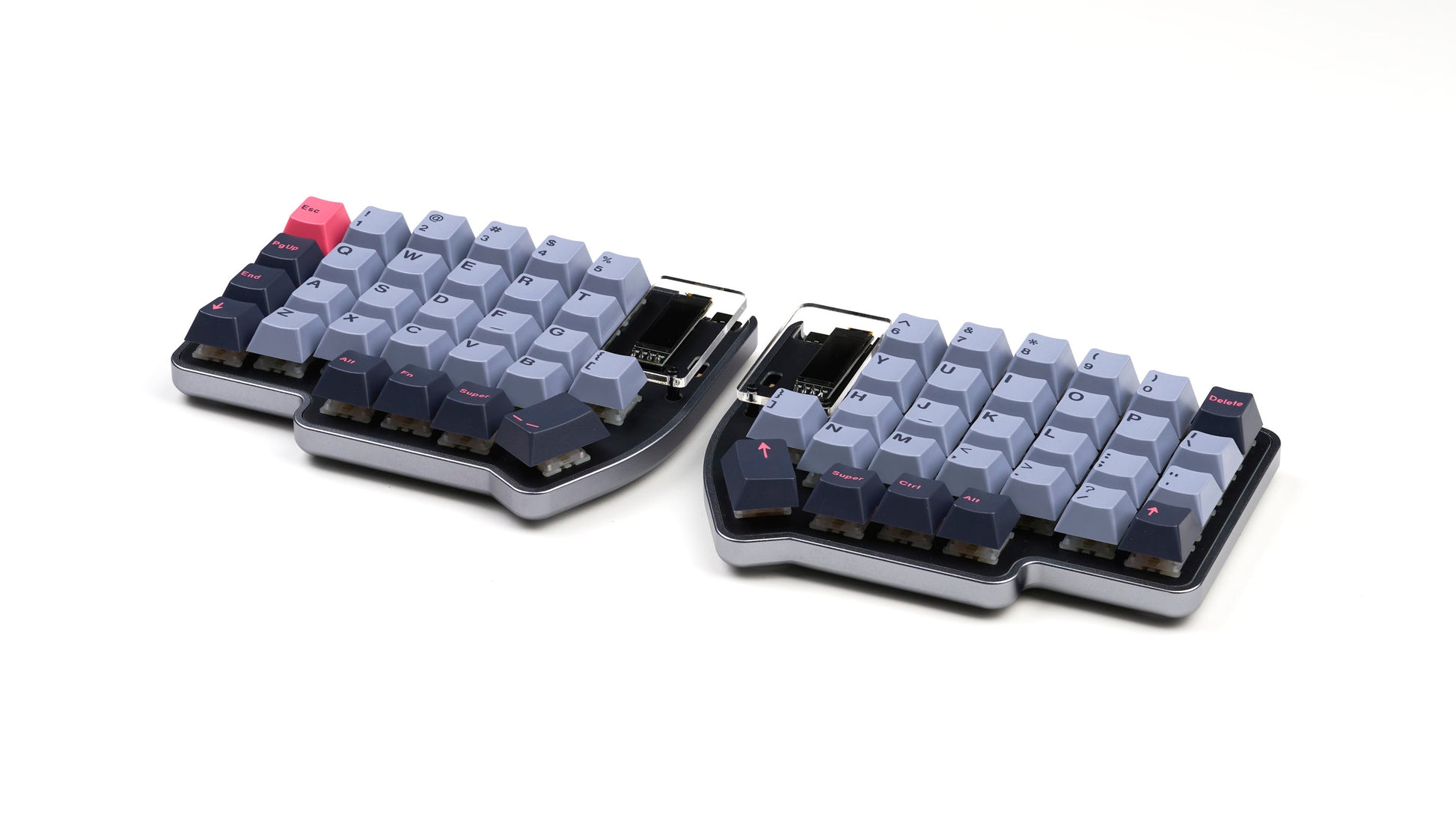 Lily Pad split 60% keyboard with gray case and GMK 8008 keycaps on a white background
